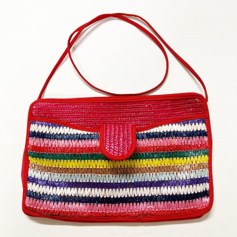 Vintage Womens Vibrant Multicolor Striped Straw Zip Up Clutch & Shoulder Bag